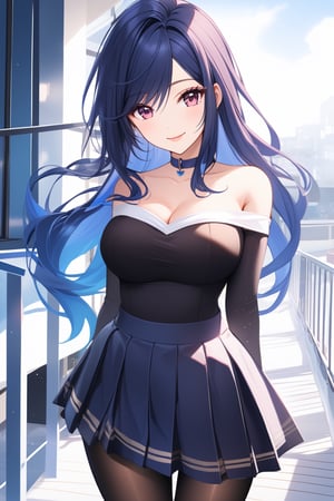 1girl,  looking at viewer, smile, large breasts, strapless top,  intricate embridered top, pleated_miniskirt, sweetheart neckline , mini_skirt,  skintight,  tigh highs, decorared tigh highs,  choker,  longhair,  standing,  red and  puple hair,  streaked hair,  blue hair, high heels platform, outdoorsfull_body