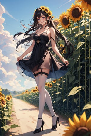 1 girl,black-hair,blue_eyes,long_hair, smiling,medium_breasts,short dress, blue and white striped dress,spaghetti strap neckline,sweetheart neckline,sunflower field,hair ornaments,thigh_highs,high heels, forest,path,full_body