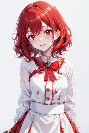 (masterpiece), (best quality), highres, highly detailed, an extremely delicate and beautiful,
1 girl, solo, beautiful red eyes, ruby textured eyes, (smiley and round eyes), pale red hair, (short hair), (wavy hair ends), [tiny:medium:0.7] breasts, (hand by Guido Daniele), 
white blouse, red pleated skirt,(white background:1.5),[(white background:1.5)
