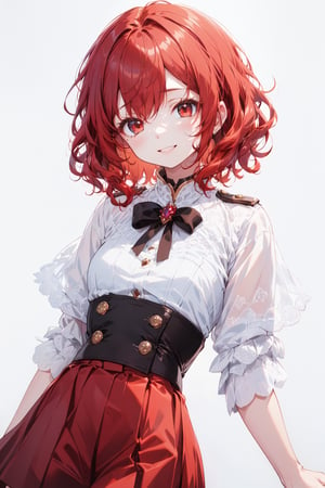 (masterpiece), (best quality), highres, highly detailed, an extremely delicate and beautiful,
1 girl, solo, beautiful red eyes, ruby textured eyes, (smiley and round eyes), pale red hair, (short hair), (wavy hair ends), [tiny:medium:0.7] breasts, (hand by Guido Daniele), 
white blouse, red pleated skirt,(white background:1.5),[(white background:1.5)