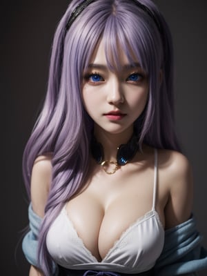 Top body,blue eyes,anime, 16k, high quality, high details, UHD, masterpiece,perfect eyes, prefect breasts,1 girl,(busty girl),(erotic anime characters cosplay),lilac messy hair,