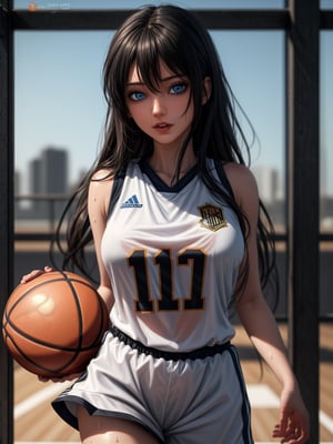 Top body,blue eyes, black hair, anime, 16k, high quality, high details, UHD, masterpiece,perfect eyes,1 girl,busty girl wear basketball jerseys,see through sweat white jersey,