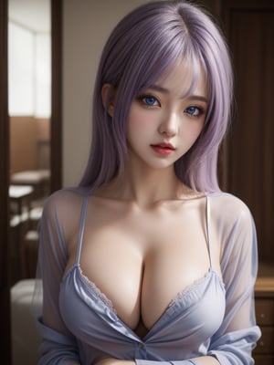 Half body shot,blue eyes,anime, 16k, high quality, high details, UHD, masterpiece,perfect eyes, prefect breasts,1 girl,(busty girl with erotic poses),(erotic see through unbuttoned blouses),lilac messy hair,