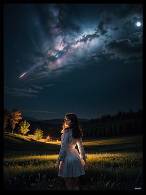 expansive landscape photograph , (a view from below that shows sky above and open field below), a prefect girl standing on flower field looking up, (full moon:1.2), ( shooting stars:0.9), (nebula:1.3), distant mountain, tree BREAK
production art, (warm light source:1.2), (Firefly:1.2), lamp, lot of purple and orange, intricate details, volumetric lighting, realism BREAK
(masterpiece:1.2), (best quality), 4k, ultra-detailed, (dynamic composition:1.4), highly detailed, colorful details,( iridescent colors:1.2), (glowing lighting, atmospheric lighting), dreamy, magical, (solo:1.2)