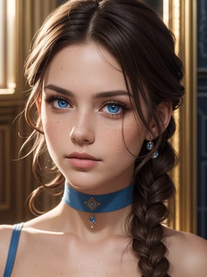 masterpiece, solo, highly detailed, ultra-detailed, ultra high res, (photorealistic:1.333), (best quality), (best shadow),detailed, perfect lighting, dark brown hair, very long hair, braids, [face freckles], (blue eyes), choker, smokey make up,  close up, portrait, in a royal palace bath hall,