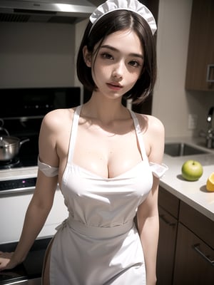 a closeup portrait of a playful busty maid, undercut hair, natural,(bare shoulder naked apron), erotic amazing body, pronounced feminine feature, kitchen, [ash blonde | ginger | pink hair], freckles, flirting with camera,arm cover breasts,cleavage,