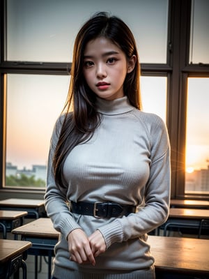 best quality, masterpiece, (realistic:1.2), young  woman,a busty teacher,waist up, modern style, detailed face, detailed eyes, detailed  dark updo hair,strict expression, detailed skin, (detailed  grey  High-neck long-sleeved sweater:1.2),(look at viewer, dramatic, vibrant, sharp focus,(ruins),50mm,F1.2, EOS-1D X Mark III,standing,(background is classroom),blackboard,platform,(sunset),(prefect breasts:1.2),(nipple:0.1)