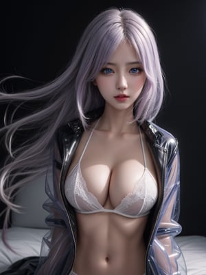 Half body shot,blue eyes,anime, 16k, high quality, high details, UHD, masterpiece,perfect eyes, prefect breasts,1 girl,(busty girl with erotic poses),(transparent see through coat),lilac messy hair,