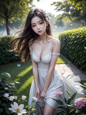 1girl with prefect face and body,solo, full body, (masterpiece:1.21), (best quality:1.2), colorful, (illustration:1.2), (cinematic lighting:1.1), (bare shoulders:1.21), (collarbone:1.21)
In this whimsical and fantastical garden, the scene is illuminated by a rainbow of (colorful fireflies), dancing and fluttering in the air. The garden is decorated by a gentle (drizzle), creating a misty and ethereal atmosphere. In the center of the scene, there is a single girl, an extremely delicate and beautiful girl, with cute features and an innocent expression. Her long hair is flowing with the wind. She is wearing no shoulder straps dress, which is ultra low cut, highlighting her delicate curves.

The lighting is very delicate and beautiful, creating a soft and warm glow that highlights the water, making it sparkle like diamonds. The finest grass is also illuminated, creating a lush and verdant carpet. The garden is surrounded by colorful flower fields, with blooms of every color and shape. (Colorful butterflies), of every shade and size, can be seen fluttering around the scene, adding to the overall sense of wonder and magic. (look ai viewer),A blush can be seen on her nose, and her mouth is slightly open, adding to the overall sense of innocence and youthfulness. Falling petals can be seen floating around her, adding to the overall sense of romance and beauty. A gentle wind is blowing through the scene, making the leaves rustle and the flowers sway, adding to the overall sense of movement and life. This is a scene of pure wonder and magic, filled with color and beauty, where the viewer can lose themselves in the enchanting and captivating world.