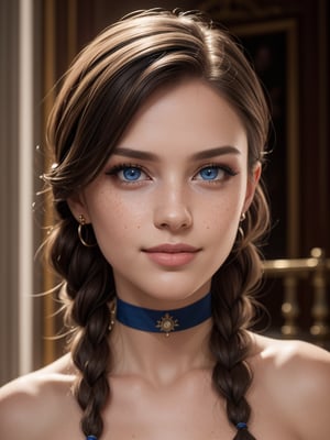 masterpiece, solo, highly detailed, ultra-detailed, ultra high res, (photorealistic:1.333), (best quality), (best shadow),detailed, perfect lighting, hair, very long hair, braids, [face freckles], (blue eyes), choker, smokey make up,  close up, portrait, in a royal palace bath hall,light smile,