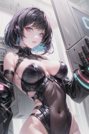 1girl,solo, upper body,looking at viewer, white background, bob cut, short hair, multicolored hair, makeup , parted lips, red lips, eyeliner, ,from below, good light , good mood,cyberpunk robot , more detail , good makeup , detail eye color , sparkle eyes  , perfect lips, most deail,LuxuriousWheelsCostume , detail eyes,prety face,perfecteyes,falling_blur