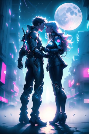  girl and boy kiss  , First person view , lanscape around a cyberpunk city, photorealistic, full moon foggy atmosphere, dark blue tints
 detailed , hd , dinamic angle lens , wide angle , windy day  ,yofukashi background,city,BiBa,night , dramatic atmosfer,night,starry sky , romantic date , happiness!, ,mecha