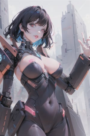 1girl,solo, upper body,looking at viewer, white background, bob cut, short hair, multicolored hair, makeup , parted lips, red lips, eyeliner, ,from below, good light , good mood,cyberpunk robot , more detail , good makeup , detail eye color , sparkle eyes  , perfect lips, most deail,LuxuriousWheelsCostume , detail eyes,prety face,perfecteyes,falling_blur