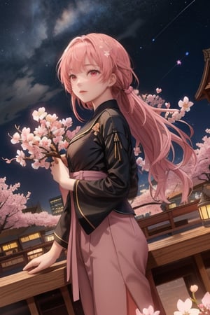 Valentine day ; 1boy , 1girl , sakura tree blossom , detailed , hd , dinamic angle lens , wide angle , windy day  ,yofukashi background,city,BiBa,night , dramatic atmosfer,night,starry sky , romantic date , happiness!, ph_rem,shortstack