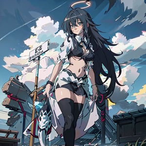 (8k, best quality, ultra high res, masterpiece, ultra-detailed), night, long hair, light yellow eyes, halo, black dress, dramatic light, masterpiece, three women, (bangs), (black hair color), korean supergirl, long sleve medium top, lowleg black shorts, midriff, navel, wet body in the beach, rainbow in the sky, natural skin texture, soft cinematic light, adobe lightroom, photolab, hdr, intricate, elegant, highly detailed, sharp focus, (cinematic look), soothing tones, insane details, intricate details, hyperdetailed, low contrast, soft cinematic light, dim colors, exposure blend, hdr, faded, cartoon, (detailed cloudscape:1.1), beautiful face, beautiful eyes, fantasy, dreamlike, unreal, science fiction, perfect light,so-hyun,woman,innocent face,bangs,detailed eyes,Anime,Mistoon,1GIRL RIAS_GREMORY,hayasaka ai,Yoko Littner