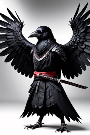 Kenku ninja crow, anthropomorphic crow, (arms: 1.8), big black wings on the back, traditional ninja clothing (Shinobi Shozoku),high detail, sharp focus, monster, science fiction, forres