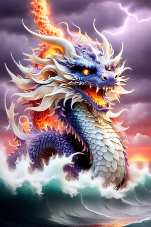 ultra-realistic photograph of a japanese dragon, full-length photo, in the style of matthias jung, kerem beyit, uhd image, 8k, authentic renderings, artgerm, purple, red and orange fire, comes out of its mouth, crimson tones, historical painting, background of a rough sea, thunderstorm lightning, a great wave, a gigantic wave,Disney pixar style,dragon,LegendDarkFantasy,Dragon,darkart,dragon chinese