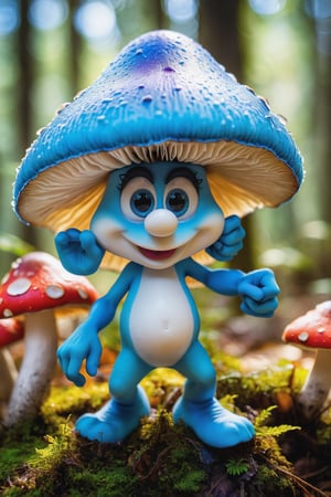 ((best quality, hdr, 32k)), cinematic shot of a Smurfete sexy, Digital Mascot, hyper detailed winning photograph, full body shot, Lenkaizm, intricate details, white hat, masked, bright blue eyes, forest backlight, bright skin, full body, sharp focus, sudio photo composition, unashamedly visual charming face, mushrooms that are the smurfs' houses, vivid colors,detailmaster2