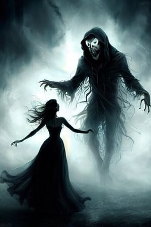 Illustrate the traveler and the ghostly figure locked in a dance, their forms swirling in a ghastly waltz. Emphasize the traveler's expression of fear. 14526075
,Monster,HellAI,ghost,horror,dark theme,DonMn1ghtm4reXL