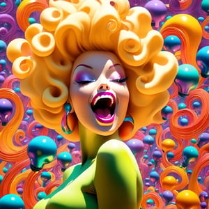 (full body photo:1.5), MULTIPLE curvy women, singing into 1 vintage microphone, adult faces, masterpiece, best quality, beautiful detailed eyes, (Yellow purple to orange fade hair, blue eyes), (short red hair, green eyes), parted lips, smiling, extremely detailed, large breasts, insane details, intricate details, hyperdetailed,kissing each other, Pencil dresses, eyeshadow, lipstick, music notes swirl around them, waves of color, retrofuturism, , ojou curls, floofy bob,