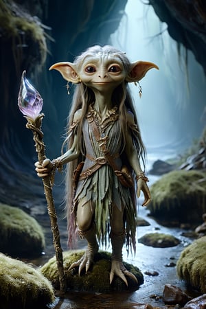 A full body foto of a gelfling girl from the netflix series The Dark Crystal holding a staff, highly detailed face, long hair, 4K, highly realistic, highly detailed, In a fantasy world, moss, a stream of clear water,no humans,xxmixgirl,Landskaper