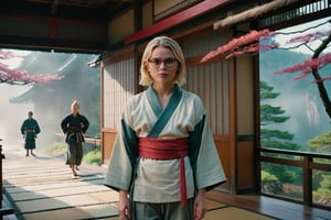 Modern, 2020s, detailed cinematic shot of realistic movie scene, blonde woman europeam with shoulder length hair, happy in glasses looking at camera, full body shot showing intricate and detailed work, in front of evil ninja, clothing ninja ((traditional Japanese shoes, tabis)), red tengu mask, filmed in the style of Wes Anderson and Stephen King, Oscar-winning cinematography, stunning image captures, meticulous attention, stunning costume design, high contrast, backlighting, bloom , chromatic aberration, discrete lighting, wind, atmospheric fog,