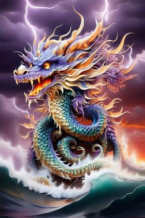 ultra-realistic photograph of a japanese dragon, full-length photo, in the style of matthias jung, kerem beyit, uhd image, 8k, authentic renderings, artgerm, purple, red and orange fire, comes out of its mouth, crimson tones, historical painting, background of a rough sea, thunderstorm lightning, a great wave, a gigantic wave,Disney pixar style,dragon,LegendDarkFantasy,Dragon,darkart,dragon chinese