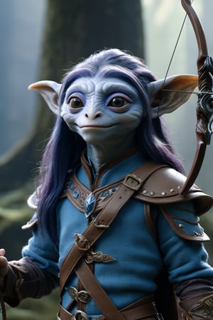 A full body foto of a gelfling archer man from the netflix series The Dark Crystal holding a bow, highly detailed face, long hair, 4K, highly realistic, highly detailed, In a fantasy world, shoes, twilight, blue armor