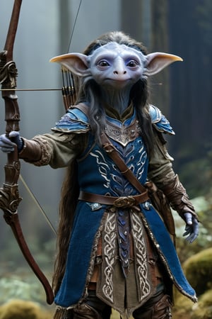 A full body foto of a gelfling archer man from the netflix series The Dark Crystal holding a bow, highly detailed face, long hair, 4K, highly realistic, highly detailed, In a fantasy world, shoes, twilight, blue armor,more detail XL,Magical Fantasy style,gelfling,xxmixgirl