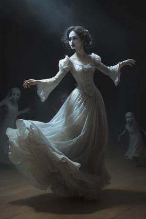 Illustrate the traveler and the ghostly figure locked in a dance, their forms swirling in a ghastly waltz. Emphasize the traveler's expression of fear. 14526075
,Monster,HellAI,ghost,horror,dark theme