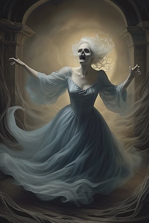 Illustrate the traveler and the ghostly figure locked in a dance, their forms swirling in a ghastly waltz. Emphasize the traveler's expression of fear. 14526075
,Monster,HellAI,ghost