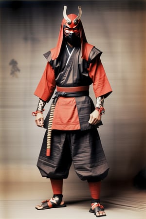 Evil ninja, ninja clothes, ((traditional Japanese shoes, tabis)), red tengu mask,