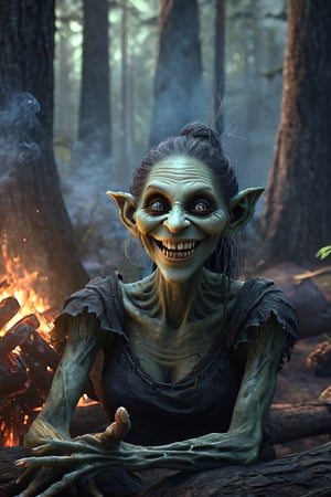 Friendly fantasy troll, slim, humanoid face, female, long thin hanging ears, highly detailed face, grinning, looking into the camera, sitting at a camp fire, handing a mushroom into the camera, portrait, fantasy art, dark fir forest, dark fantasy, detailed, 3d fractals, light particles, shimmering light, surreal, shimmering, perfect composition, detailed, insanely detailed, octane render trending on artstation, 8 k artistic photography, photorealistic concept art, soft natural volumetric cinematic perfect light,monster,HellAI,darkart