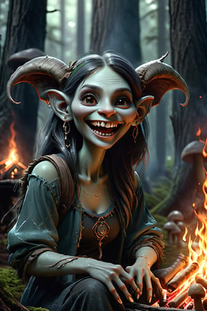 Friendly fantasy troll, slim, humanoid face, female, long thin hanging ears, highly detailed face, grinning, looking into the camera, sitting at a camp fire, handing a mushroom into the camera, portrait, fantasy art, dark fir forest, dark fantasy, detailed, 3d fractals, light particles, shimmering light, surreal, shimmering, perfect composition, detailed, insanely detailed, octane render trending on artstation, 8 k artistic photography, photorealistic concept art, soft natural volumetric cinematic perfect light,monster,HellAI
