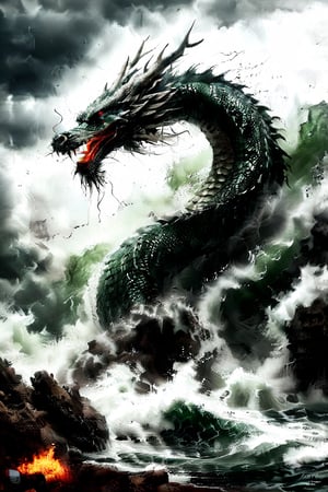 ultra-realistic photograph of a japanese dragon, full-length photo, in the style of matthias jung, kerem beyit, uhd image, 8k, authentic renderings, artgerm, green, red and orange fire, comes out of its mouth, crimson tones, historical painting, background of a rough sea, thunderstorm lightning, a great wave, a gigantic wave,Disney pixar style,dragon,LegendDarkFantasy,Dragon,darkart,dragon chinese,chinese dragon