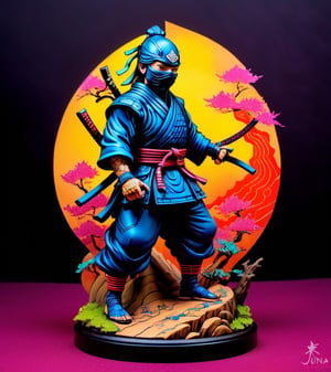 a hand-painted figurine representing a ninja man, rural Japanese, where secret ninja combat techniques are performed, art by josan gonzalez, yuna, pencil draw, cyb-3d-art,Leonardo Style,neon style,beyond_the_black_rainbow,awe_toys,Sci-fi ,oni style
