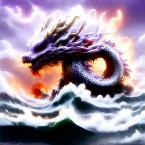 ultra-realistic photograph of a japanese dragon, full-length photo, in the style of matthias jung, kerem beyit, uhd image, 8k, authentic renderings, artgerm, purple, red and orange fire, comes out of its mouth, crimson tones, historical painting, background of a rough sea, thunderstorm lightning, a great wave, a gigantic wave,Disney pixar style,dragon