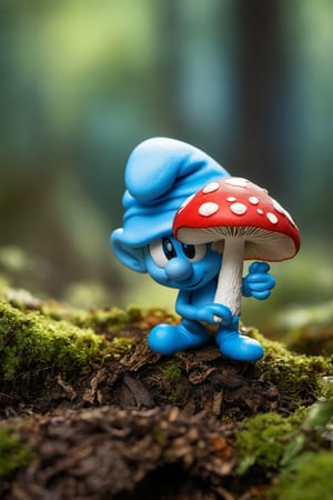 ((best quality, hdr, 32k)), cinematic shot of a miniature Smurf Digital Mascot, hyper detailed winning photograph, full body shot, Lenkaizm, intricate details, white hat, masked, bright blue eyes, forest backlight, bright skin, full body, sharp focus, sudio photo composition, unashamedly visual charming face, mushrooms that are the smurfs' houses, vivid colors