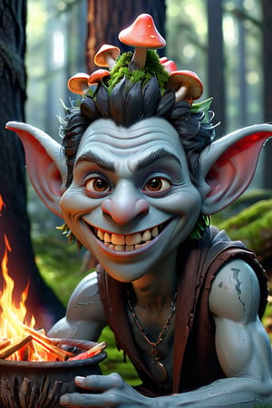 Friendly fantasy troll, slim, humanoid face, male, long thin hanging ears, highly detailed face, grinning, looking into the camera, sitting at a camp fire, handing a mushroom into the camera, portrait, fantasy art, dark fir forest, dark fantasy, detailed, 3d fractals, light particles, shimmering light, surreal, shimmering, perfect composition, detailed, insanely detailed, octane render trending on artstation, 8 k artistic photography, photorealistic concept art, soft natural volumetric cinematic perfect light