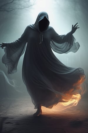 Illustrate the traveler and the ghostly figure locked in a dance, their forms swirling in a ghastly waltz. Emphasize the traveler's expression of fear. 14526075
,Monster,HellAI,ghost,horror,dark theme