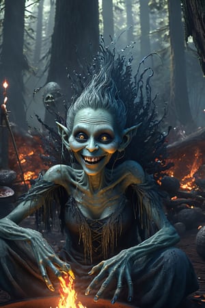 Friendly fantasy troll, slim, humanoid face, female, long thin hanging ears, highly detailed face, grinning, looking into the camera, sitting at a camp fire, handing a mushroom into the camera, portrait, fantasy art, dark fir forest, dark fantasy, detailed, 3d fractals, light particles, shimmering light, surreal, shimmering, perfect composition, detailed, insanely detailed, octane render trending on artstation, 8 k artistic photography, photorealistic concept art, soft natural volumetric cinematic perfect light,monster,HellAI