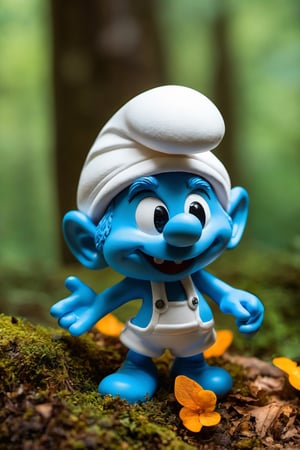 ((best quality, hdr, 32k)), cinematic shot of a miniature Smurf Digital Mascot, hyper detailed winning photograph, full body shot, Lenkaizm, intricate details, white hat, masked, bright blue eyes, forest backlight, bright skin, full body, sharp focus, sudio photo composition, unashamedly visual charming face, mushrooms that are the smurfs' houses, vivid colors