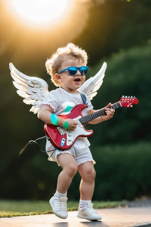 UltraRealistic photography, 8k, full body image Putto Angel Cherub with electric guitar, children, true_children, sun glasse, gsuspended in the air, flapping its small wings, ultra-detailed, intimate portrait composition, Leica 50mm, f1, colored,Extremely Realistic