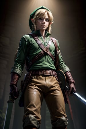 Portrait of link from the legend of zelda majora's mask,17 years old, green jacket, green hat, beige pants, brown leather belt with compartments, warrior's sword scabbard, brown leather boots, warrior's sword in hand,4k,high details, 0.35 :: full shot, frontal shot, from below, 1 guy, ,dark studio,dimly lit