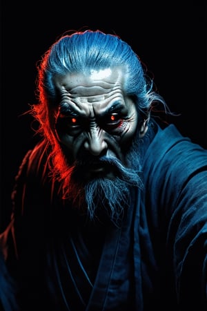 full shot, light_blue_body , creepy and menacing Japanese mythological ghost of an elderly ninja, scruffy beard, black background, hira ichimonji position, raised hand casting a magic spell in blue tones, red pupil eyes, bloody pupil, bluish gray lighting in the face, close up, Horror, dark and creepy, hyper realism, ultra detailed 8k film frames 6000.,Monster,HellAI