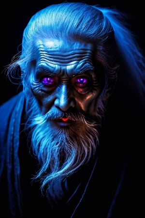 full shot, body portrait, creepy and menacing Japanese mythological ghost of an elderly ninja, scruffy beard, black background, hira ichimonji position, raised hand casting a magic spell in blue and purple tones, red pupil eyes, bloody pupil, bluish gray lighting in the face, close up, Horror, dark and creepy, hyper realism, ultra detailed 8k film frames 6000.,Monster,HellAI