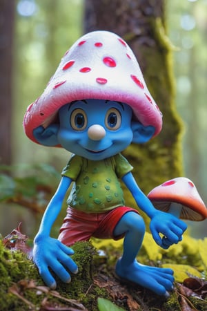 ((best quality, hdr, 32k)), cinematic shot of a Smurfete sexy, Digital Mascot, hyper detailed winning photograph, full body shot, Lenkaizm, intricate details, white hat, masked, bright blue eyes, forest backlight, bright skin, full body, sharp focus, sudio photo composition, unashamedly visual charming face, mushrooms that are the smurfs' houses, vivid colors