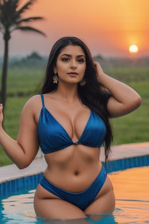 Indian girl, onlyfans model, black hair, the model is ((Aliza Vellani)), large boobs, Big ass, wet_hair, standing on the seimingpool, (((sunset))), ((braided_hair, blonde_hair )),(big_breasts:1.8),aw0k teacher