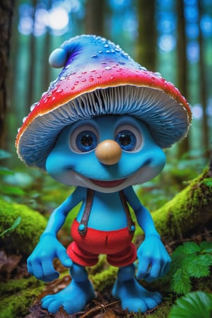 ((best quality, hdr, 32k)), cinematic shot of a Smurfete sexy, Digital Mascot, hyper detailed winning photograph, full body shot, Lenkaizm, intricate details, white hat, masked, bright blue eyes, forest backlight, bright skin, full body, sharp focus, sudio photo composition, unashamedly visual charming face, mushrooms that are the smurfs' houses, vivid colors,detailmaster2