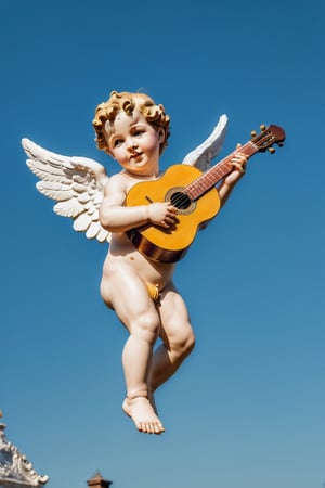 UltraRealistic photography, 8k, full body image Putto Angel Cherub with lute, true children,  suspended in the air, flapping its small wings, ultra-detailed, intimate portrait composition, Leica 50mm, f1, colored,Extremely Realistic